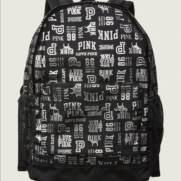 Victoria Secret PINK Backpack Black with Silver Logo - Picture 4 of 8